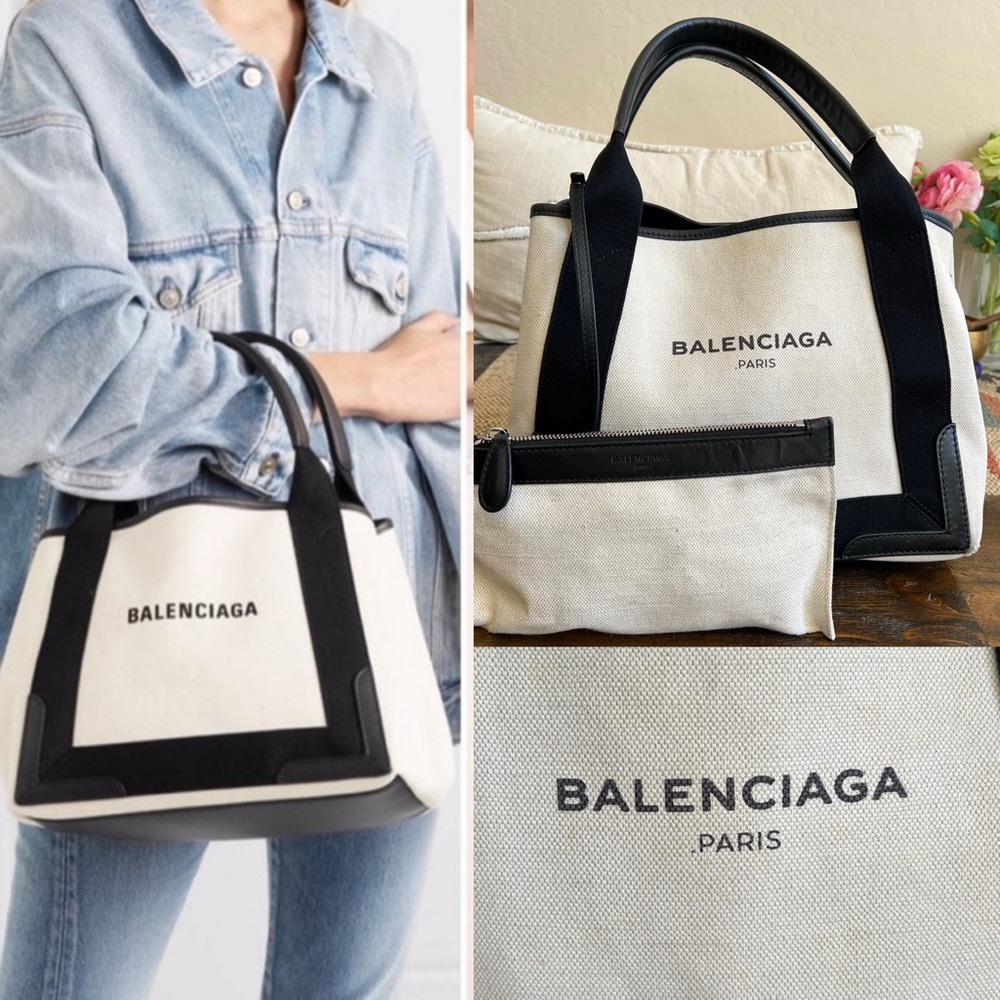 Balenciaga $1,200 Cabas Canvas Navy Leather Trim Tote Bag